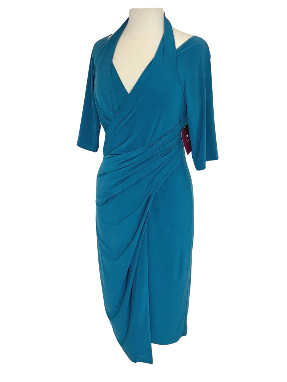 Kiyonna teal blue surplice halter dress, NWT